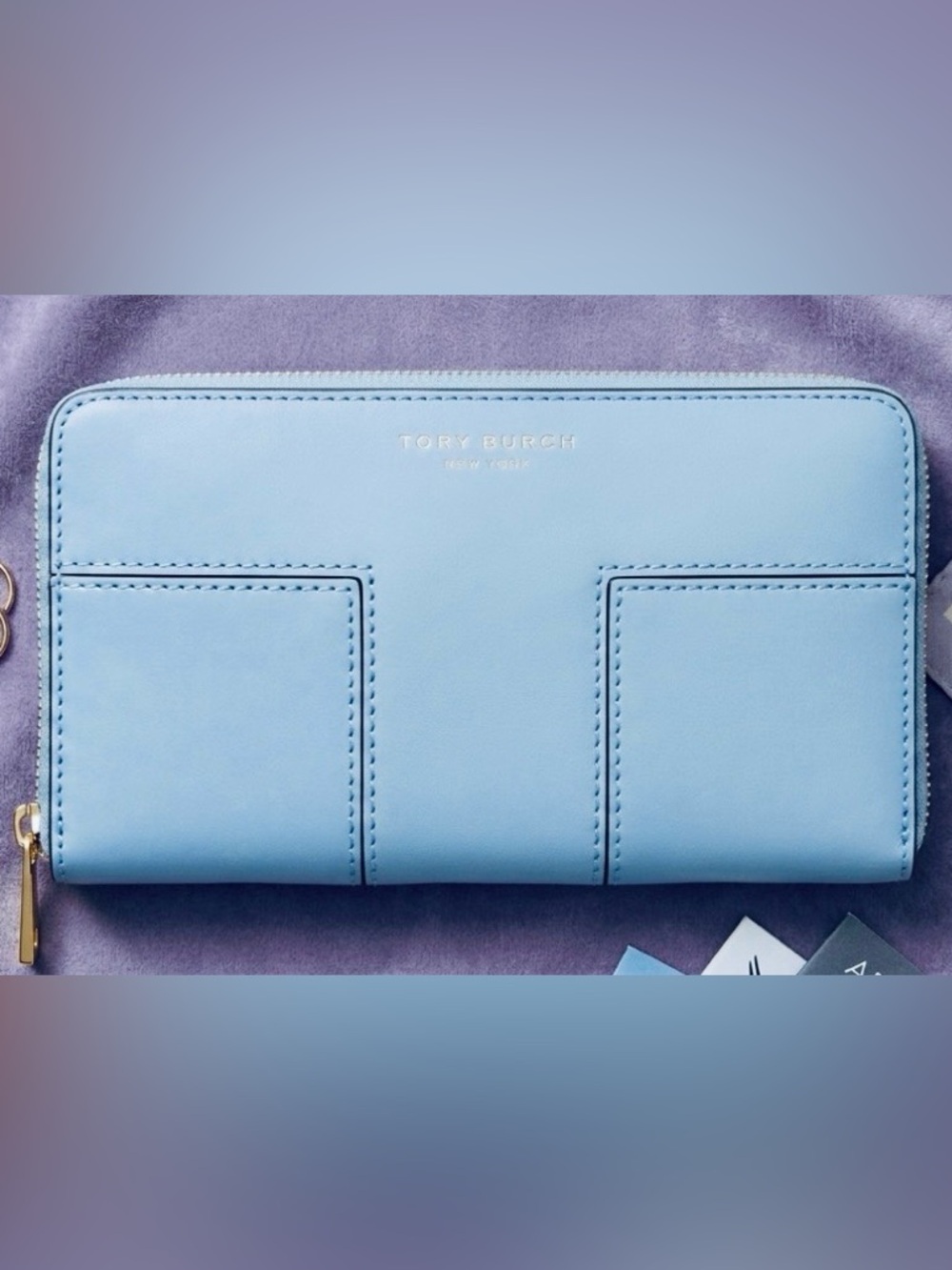 Tory Burch Block T Zip Around Continental Wallet Luna Blue